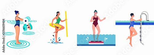 Set of women performing various aqua aerobics and water fitness exercises in a swimming pool using dumbbells, noodles, and step platforms.