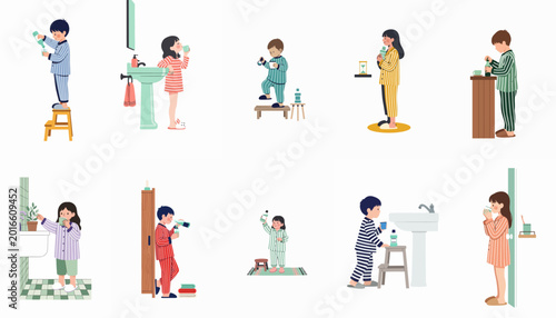 Obraz na plátně Illustration set of various children in pajamas practicing good oral hygiene by using mouthwash and gargling in a bathroom setting