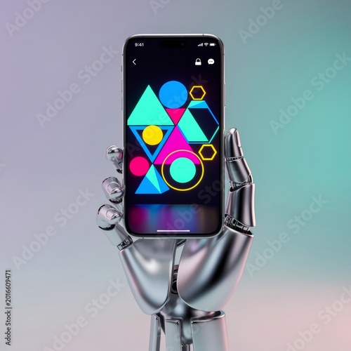 Robot Hand Holding Smartphone with Abstract Geometric App Design