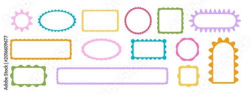 Set of cute colorful geometric frames with scalloped borders. Empty boxes, tags, labels or banner templates with wavy edges isolated on white background. Vector flat illustration.