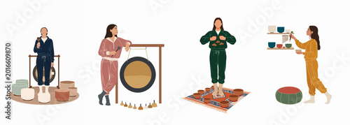 Slika na platnu Flat vector illustration set of women practitioners using Tibetan singing bowls and gongs for sound healing and meditative wellness practices