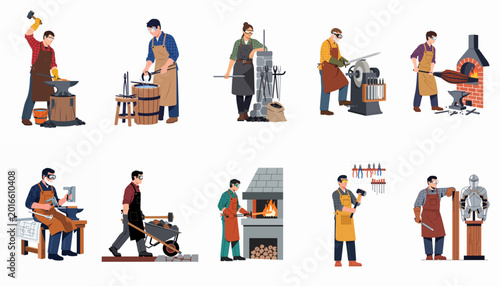Foto Collection of professional blacksmiths and metalworkers characters performing various forging and metalcrafting tasks in workshops, isolated on a white background