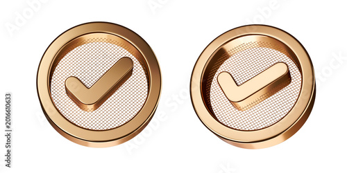 3D Golden Checkmark Badge with Metal Mesh Texture Two Angles