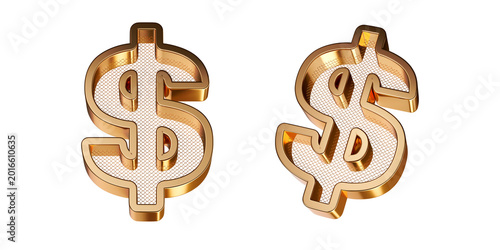 3D Golden Dollar Sign Symbol with Metal Grid Texture Two Views