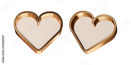 3D Golden Heart Icon with Metal Grid Texture Two Views