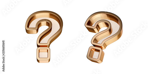 3D Golden Question Mark Symbol with Metal Grid Texture Two Views
