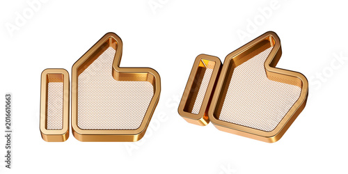 3D Golden Thumbs Up Like Icon with Metal Grid Texture Set