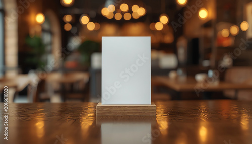 Mock up Menu frame standing on wood table in Bar restaurant cafe. space for text