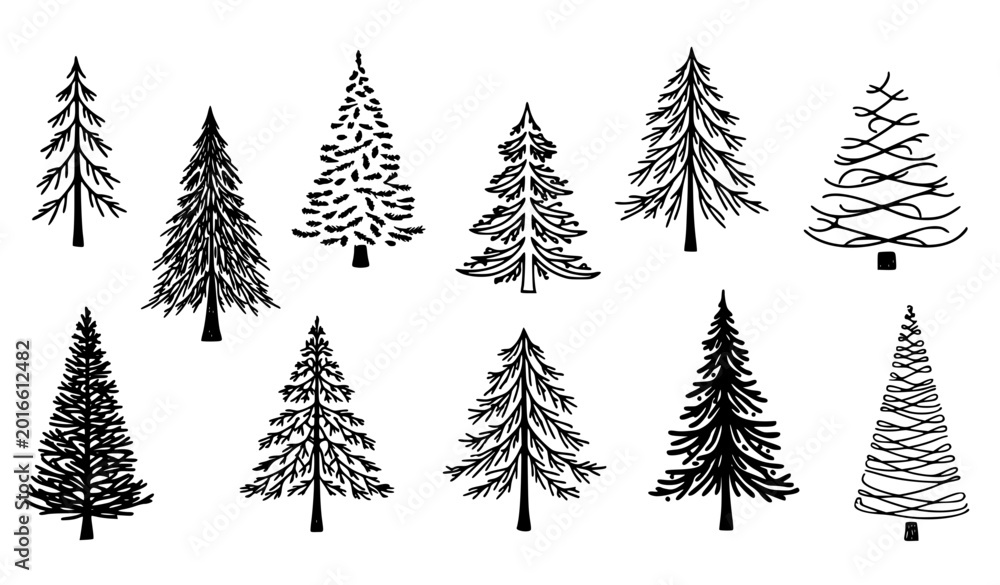Obraz premium Hand drawn Christmas tree silhouette vector collection with festive pine clipart icons