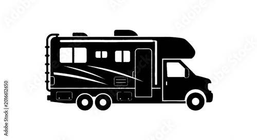 Minimal black silhouette icon, simple flat vector, bold black shape, no, no shading black silhouette of a class c motorhome recreational vehicle on a, flat icon style