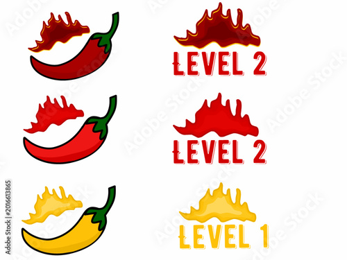 A collection of red chili illustrations. Hand-drawn red chilies. Vector icons with levels.