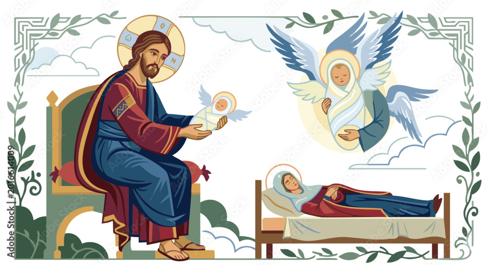 Obraz premium Jesus receiving the soul of the Virgin Mary with angels above 