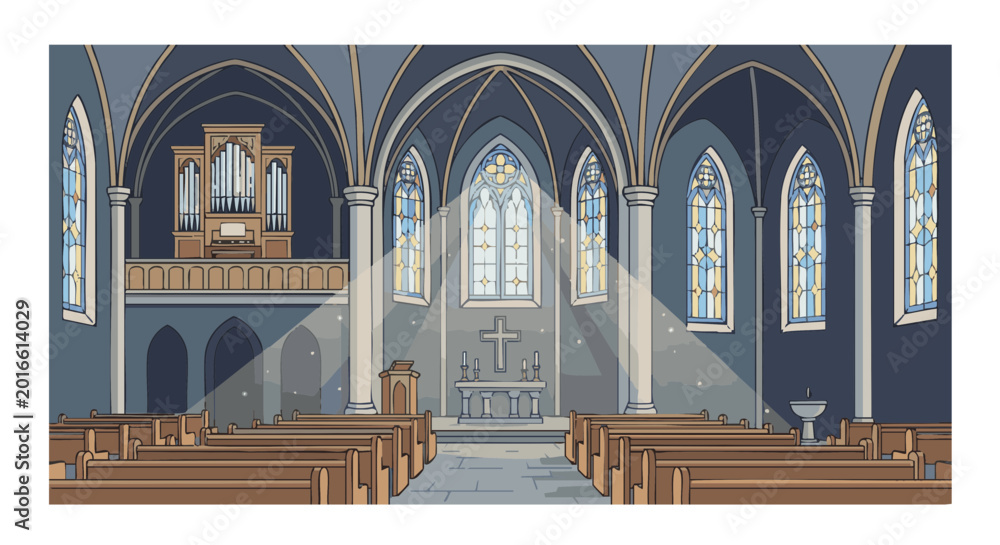 Obraz premium Interior of a church with soft light beams illuminating the altar, concept of Dormition of the Virgin Mary 
