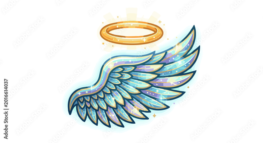 Obraz premium Golden halo above glowing angel wing in decorative style 