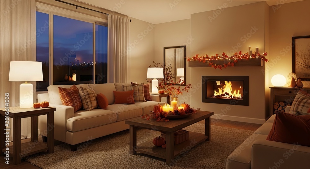 Fototapeta premium Cozy autumn evening in a warmly lit living room with fireplace and fall decor for inviting seasonal comfort. concept of relaxation, home warmth, seasonal ambiance