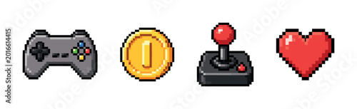 Photos Pixel art game icons: controller, heart, coin, and joystick