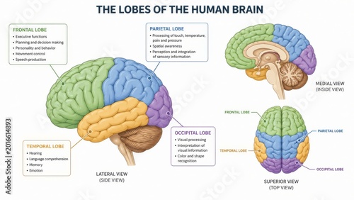 Anatomical diagram of human brain showing lobes. Medical illustration featuring frontal, parietal, temporal and occipital lobe