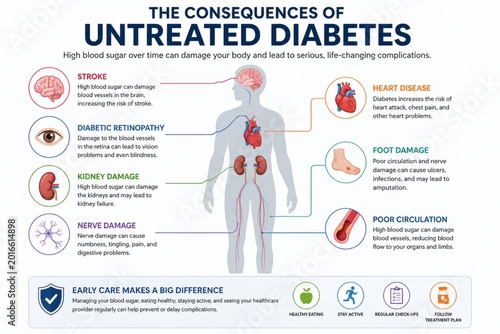 Medical infographic showing complications of untreated diabetes. Human body anatomy illustration with labels for heart disease, stroke, vision loss, kidney and nerve