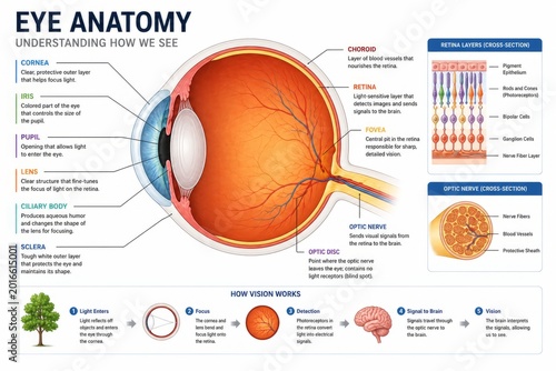 Eye anatomy diagram showing components, structure and biological vision process. Scientific illustration of human ocular system with sections for education, medical training and ophthalmology study