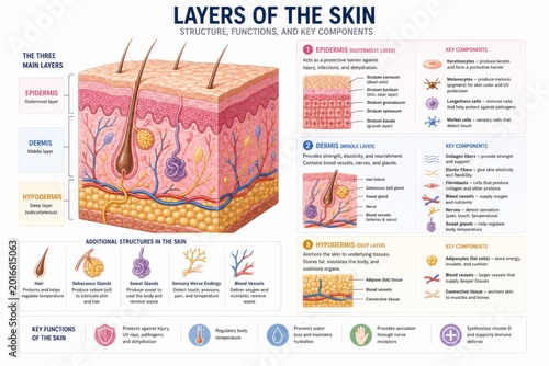 Human skin anatomy diagram showing epidermis, dermis and hypodermis layers. Medical illustration of biological structure, functions and components for educational dermatological study and healthcare