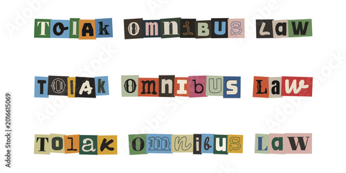Fotografie Tolak Omnibus Law ransom note style typography collage, protest sign design with