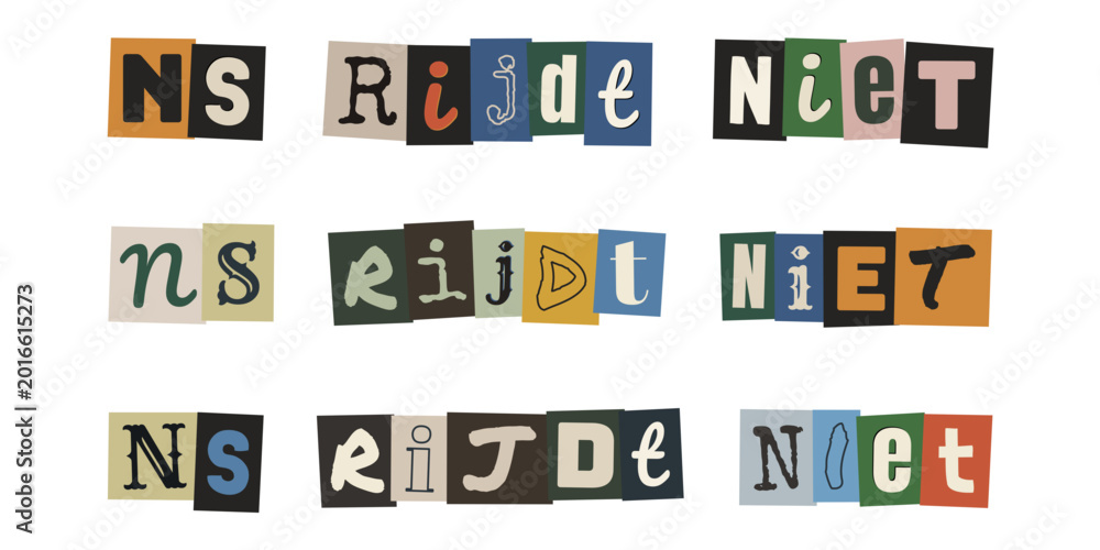 Fototapeta premium NS RIJDT NIET. Ransom note style text in Dutch. Collage typography design with cut out letters on white background.