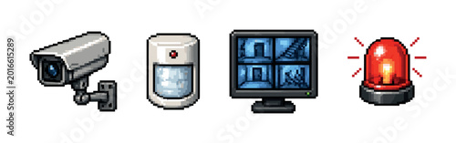 Foto Pixel art security system icons: camera, monitor, motion sensor, and alarm light