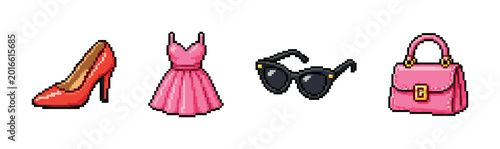 Vászonkép Pixel art fashion icons: red high heel, pink purse, dress, and sunglasses