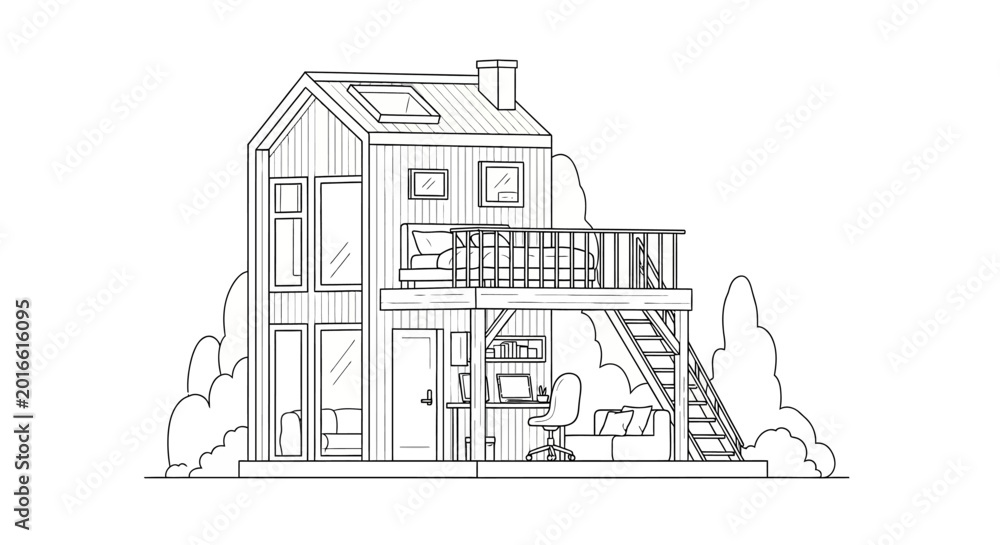 Fototapeta premium Modern Tiny House Line Art Illustration - Minimalist Small Cabin with Loft and Home Office - Coloring Page Style Architecture Sketch
