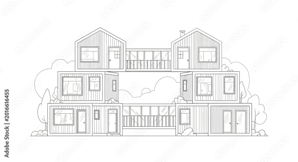Fototapeta premium Modern Modular Container House Architecture Line Art Illustration - Minimalist Eco-Friendly Sustainable Home Design Sketch