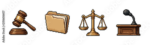 Bild auf Leinwand Pixel art legal icons: gavel, scales of justice, folder, and podium with microph