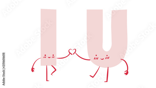 Cute Cartoon Letters I and U Holding Hands Forming a Heart Shape