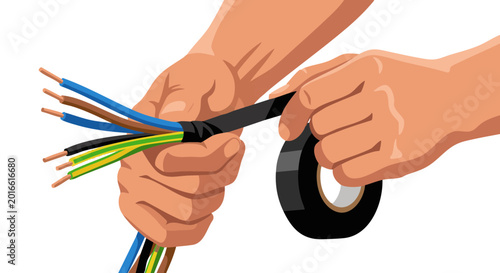 Electrician sealing electrical wires with tape using hands  