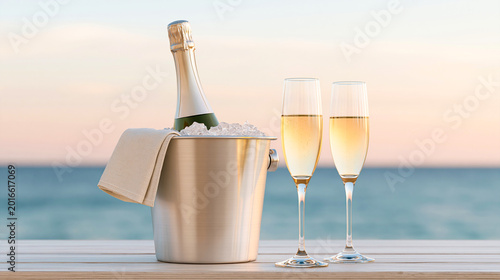 Sparkling wine bottle in an ice bucket with sparkling wine glasses beside the ocean at sunset