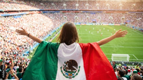 Mexican fan with flag cheers on team during a soccer match in a stadium