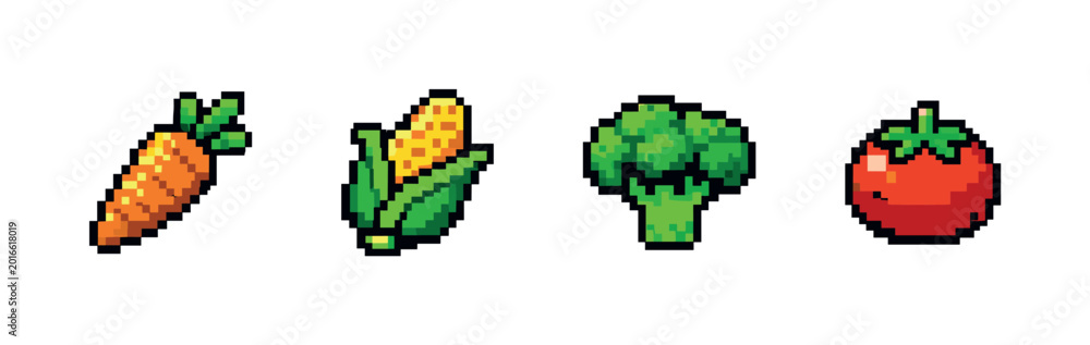 Fototapeta premium Pixel art collection of four healthy vegetables on a white background