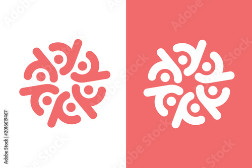 Foto A circular abstract logo design composed of repeating lowercase letter y shapes or stylized human figures, symbolizing community, unity, and teamwork in coral and white