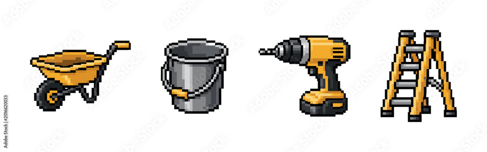 Fototapeta premium Pixel art construction tools including a wheelbarrow, ladder, bucket, and drill
