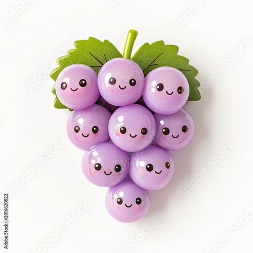 Purple cartoon grapes with smiling faces stacked together with green leaves on top