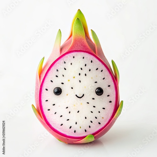 Pink dragon fruit with a smiley face on a white background