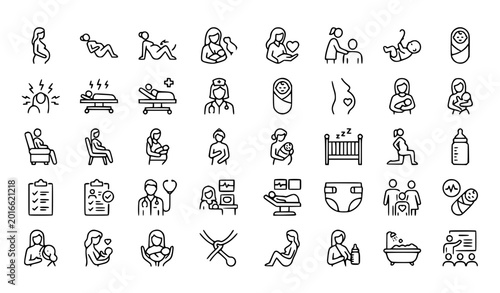 Foto Childbirth line 30 icon set with breastfeeding postpartum doula and editable str