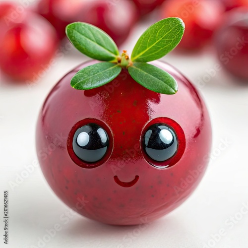 Smiling red cherry with green leaves and cute eyes on face