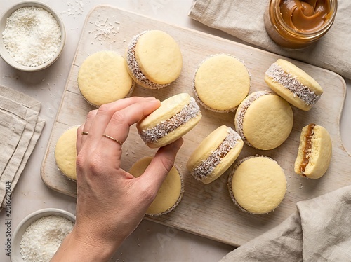 Delicious Alfajores cookies with dulce de leche filling on a wooden board.