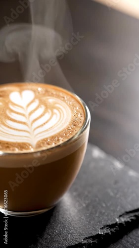 Close up of steaming hot latte art coffee with foamy milk design displayed on a dark slate surface and warm lighting creating a cozy cafe atmosphere