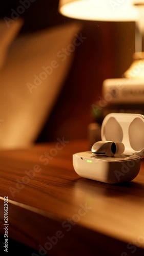 Close-up of wireless earbuds with charging case and green indicator lights on a wooden table with a warm lamp glow in the background representing modern technology and audio devices