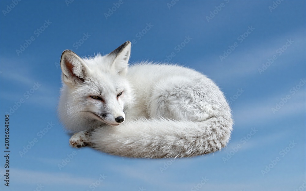 Fototapeta premium White arctic fox rests peacefully against a clear blue sky backdrop.