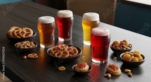 High-angle view of a sleek wooden pub table featuring cold craft drinks in glasses, bowls of salty pretzels, nuts, and savory appetizers, beer, pretzels, salty