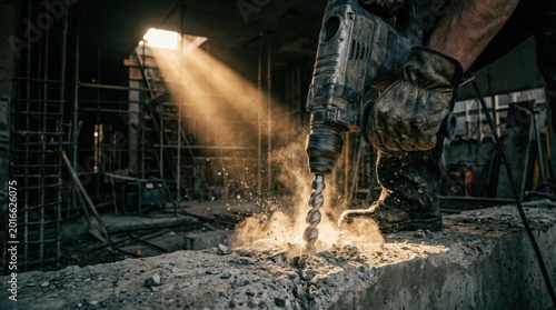 Close-up of a worker using a jackhammer to break up concrete on a construction site with dust and debris flying