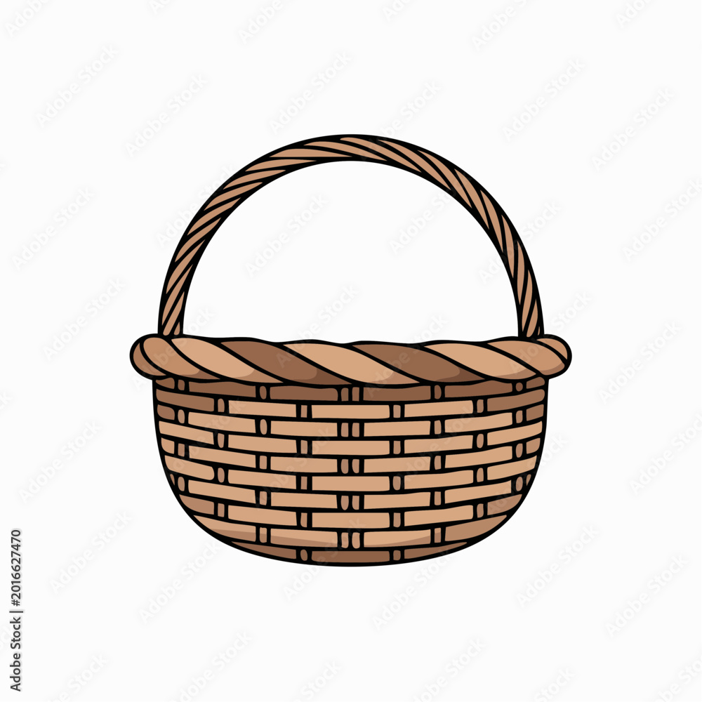 Fototapeta premium Brown wicker basket with handle isolated on white background, illustration