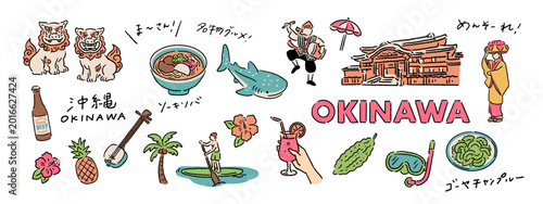 沖縄、シーサー、ソーキそば、観光スポット、名物グルメなどの旅行、観光の手書き文字と手描きベクターイラスト素材セット A set of Japanese text and hand-drawn vector illustrations featuring Okinawa's tourist attractions and local specialties.